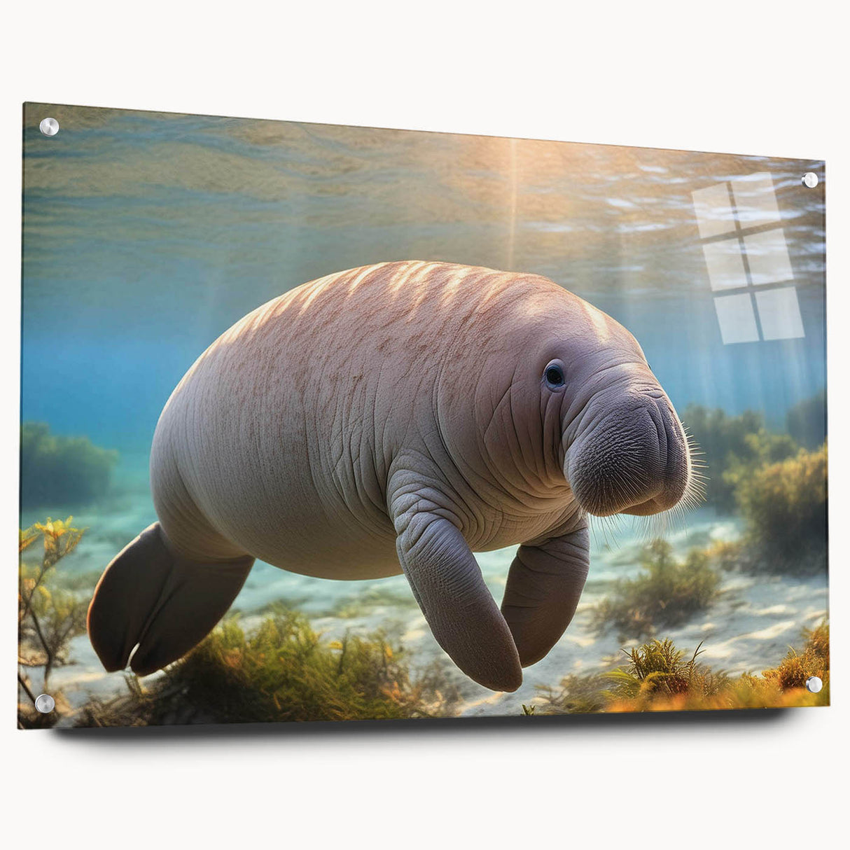 Acrylic glass wall art showcasing a vibrant manatee design from the Marine Life Collection, highlighting intricate details and vivid colors, ideal for coastal decor.