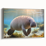 Framed canvas wall art featuring a serene manatee design, showcasing soft blue and gray hues against a silver frame, perfect for marine life enthusiasts.