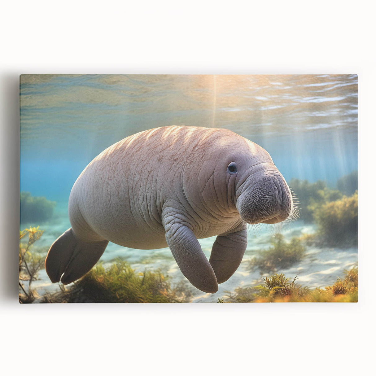 Stretched canvas wall art depicting a serene manatee in a vibrant underwater scene, showcasing rich blues and greens, perfect for marine life enthusiasts.
