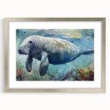 Framed wall art collection featuring a detailed marine life design with a manatee, showcased in a sleek silver frame and white mat, perfect for ocean-themed decor.