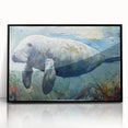 Framed wall art featuring a vibrant marine life design showcasing a manatee, set against a black background, perfect for ocean-themed decor enthusiasts. The acrylic front enhances the colors, making it a striking addition to any room.