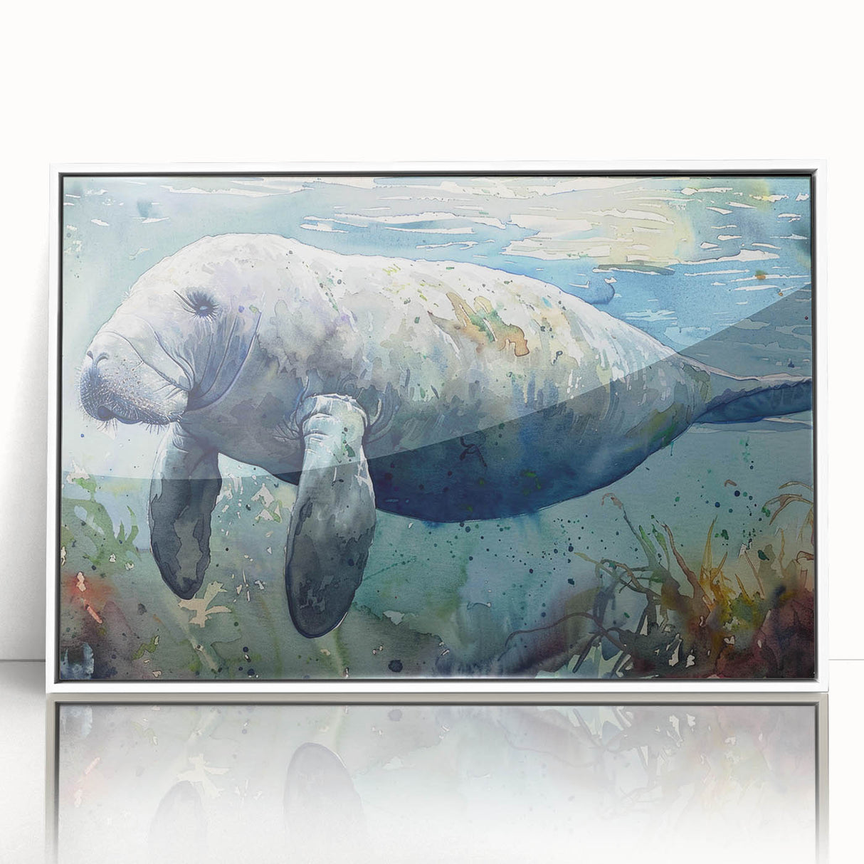 Framed wall art featuring a vibrant manatee design, showcasing marine life in vivid colors, with a sleek white frame and acrylic finish for a modern touch. Perfect for ocean-themed decor enthusiasts.