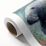 Rolled canvas wall art design showcasing a vibrant marine life scene with a manatee, featuring rich colors and intricate details, ideal for ocean-themed decor.