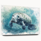 Acrylic glass wall art featuring a vibrant marine life design with a manatee, displayed in a side view. Ideal for ocean-themed decor and nature lovers.