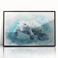 Framed acrylic wall art featuring a serene manatee design, showcasing vibrant marine life colors and a sleek black frame, ideal for ocean-themed decor.