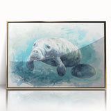 Framed wall art showcasing a vibrant marine life design featuring a manatee, set in an elegant gold-acrylic frame, perfect for ocean-themed decor.