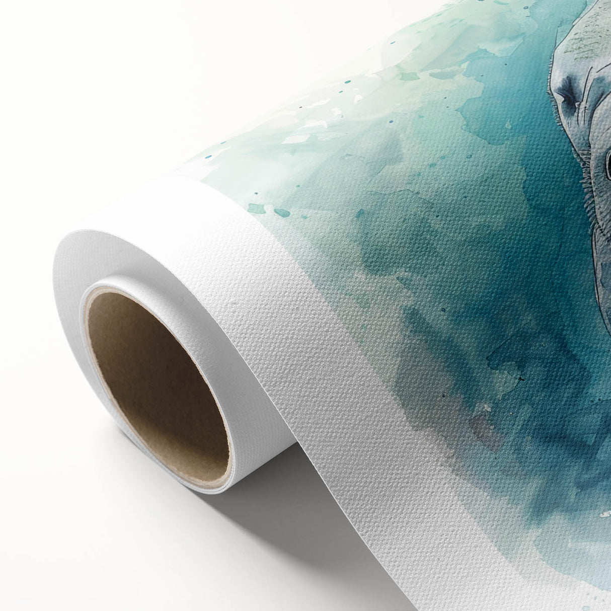 Vibrant rolled canvas artwork featuring a serene scene of a manatee swimming among colorful marine life, highlighting oceanic themes and nature's beauty.