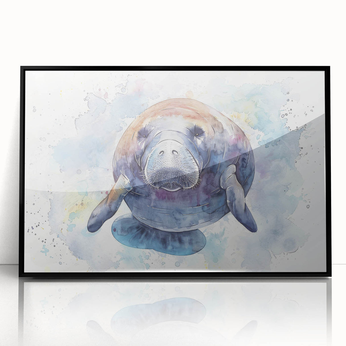 Framed wall art featuring a vibrant marine life manatee design, showcasing rich blue hues and intricate details, perfect for ocean-themed decor.