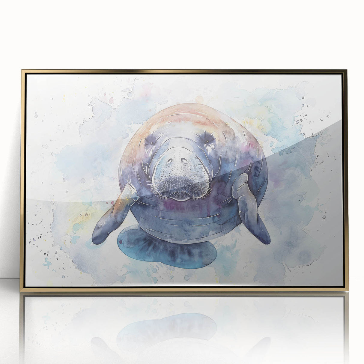 Framed acrylic wall art showcasing a vibrant marine life design featuring a manatee, elegantly set in a gold frame for a stylish decor accent. Perfect for ocean-themed interiors.