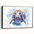 Framed canvas wall art showcasing a serene manatee design in a coastal setting, featuring vibrant colors and intricate details, perfect for marine life enthusiasts.