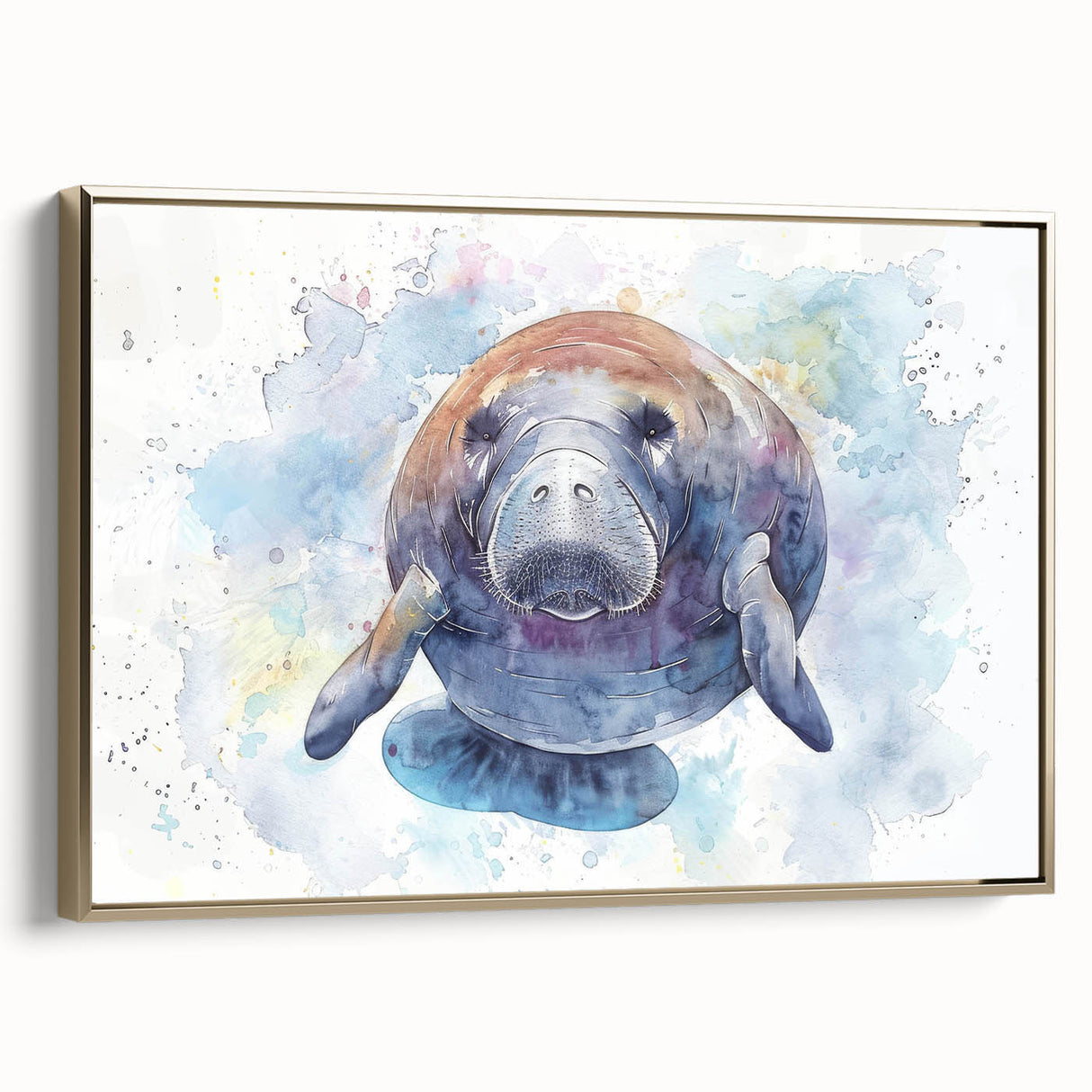 Framed canvas wall art featuring a vibrant marine life design with a majestic manatee, showcasing intricate details and a gold frame, perfect for ocean-themed decor.