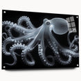 Side view of a marine life wall art collection featuring an intricate octopus design on acrylic glass, showcasing vibrant colors and detailed textures, perfect for ocean-themed decor.