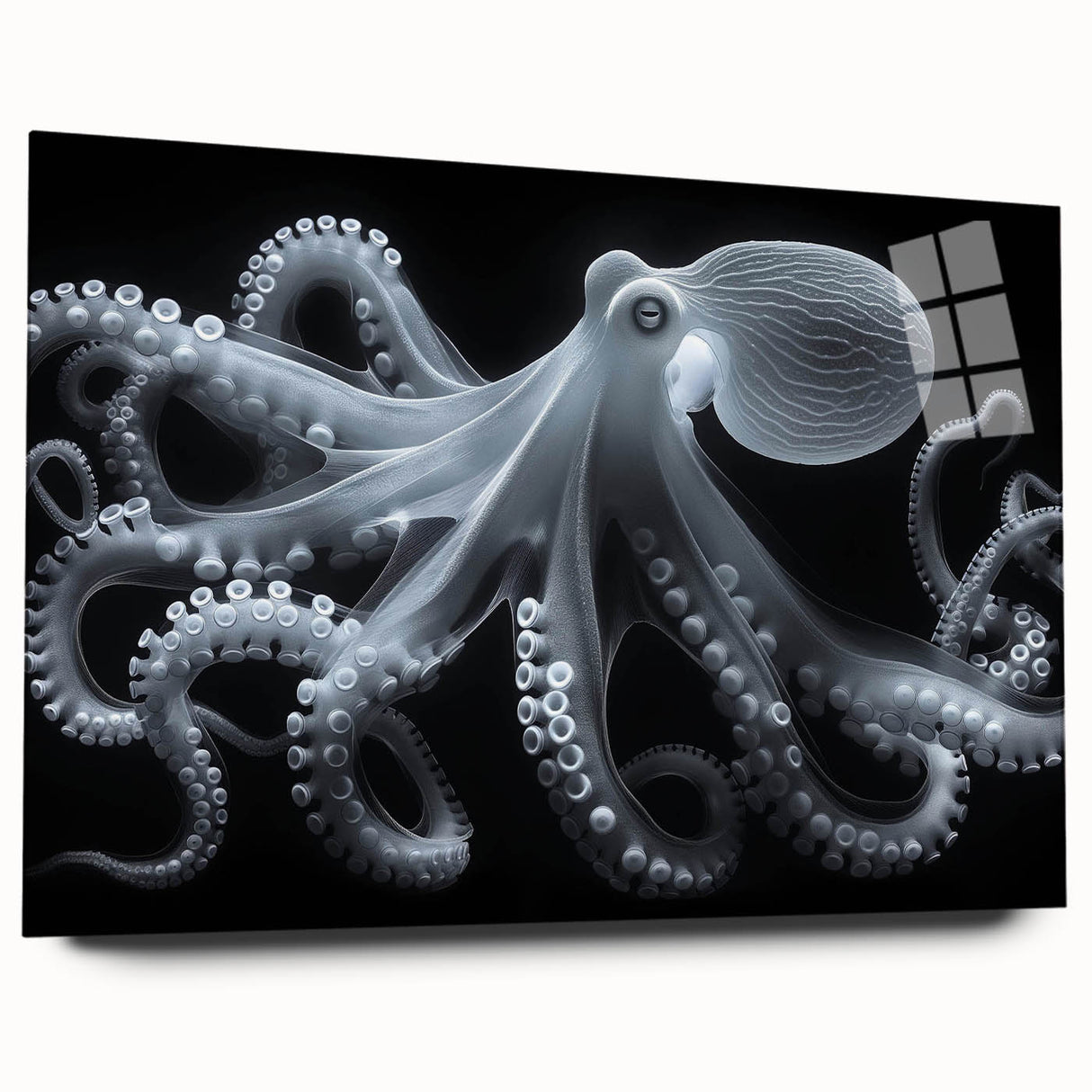 Colorful acrylic wall art featuring a detailed octopus design, showcasing vibrant marine life against a sleek glass surface, perfect for ocean-themed decor.