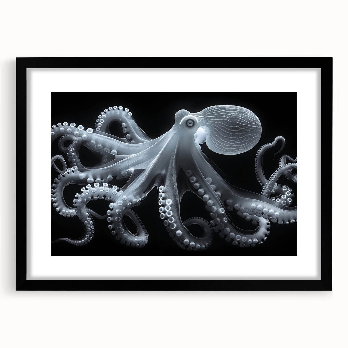 Elegant black-framed wall art featuring a stunning octopus design, showcasing vibrant marine life colors and intricate details, perfect for ocean-themed decor.
