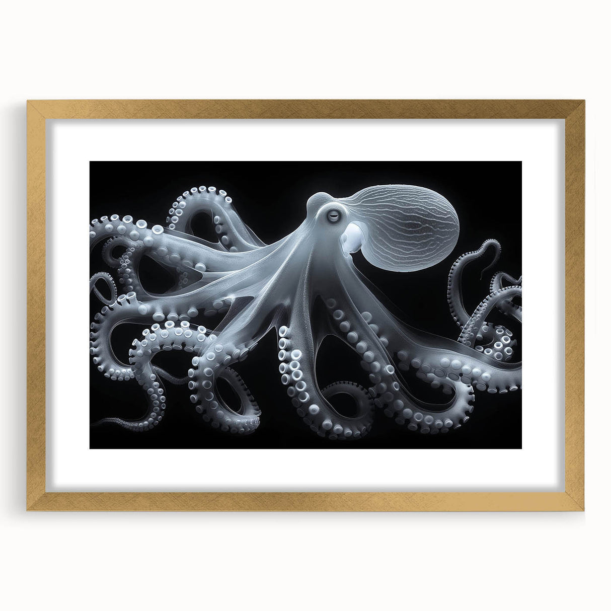 Gold-framed wall art featuring a vibrant octopus design, showcasing marine life in intricate detail, ideal for ocean-themed decor and coastal aesthetics.