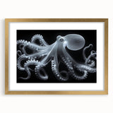 Gold-framed wall art featuring a vibrant octopus design, showcasing marine life in intricate detail, ideal for ocean-themed decor and coastal aesthetics.