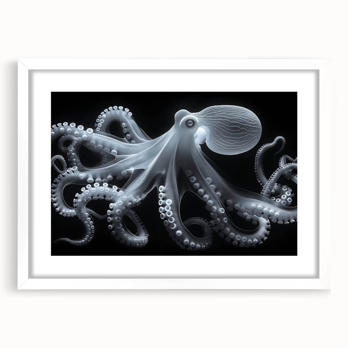 Framed wall art featuring a vibrant octopus design in a marine life theme, showcasing intricate details and colors on a white mat, ideal for ocean-inspired decor.