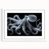 Framed wall art featuring a vibrant octopus design in a marine life theme, showcasing intricate details and colors on a white mat, ideal for ocean-inspired decor.