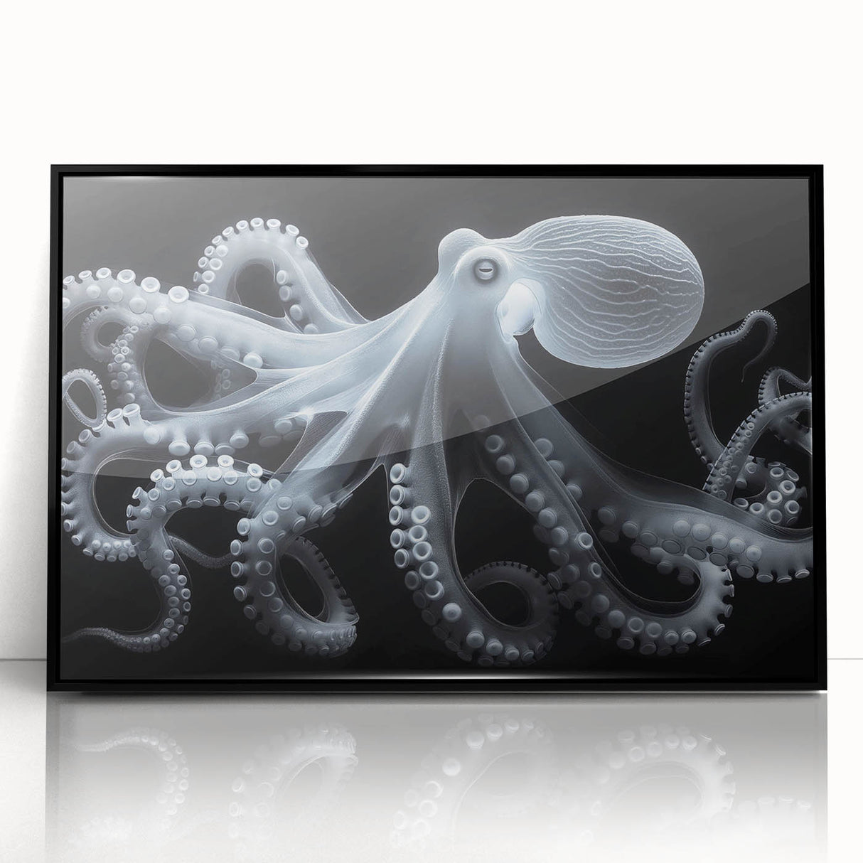 Framed acrylic wall art featuring a vibrant octopus design in a marine life theme, set against a black background, ideal for ocean lovers and modern decor.