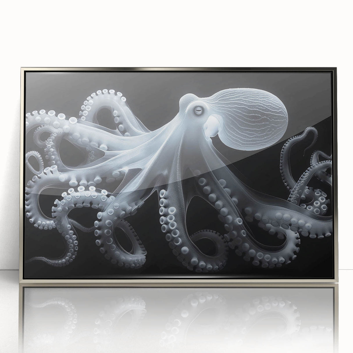 Framed wall art featuring a vibrant octopus design in shades of blue and silver, showcasing marine life. Perfect for ocean-themed decor, it adds a unique touch to any room.