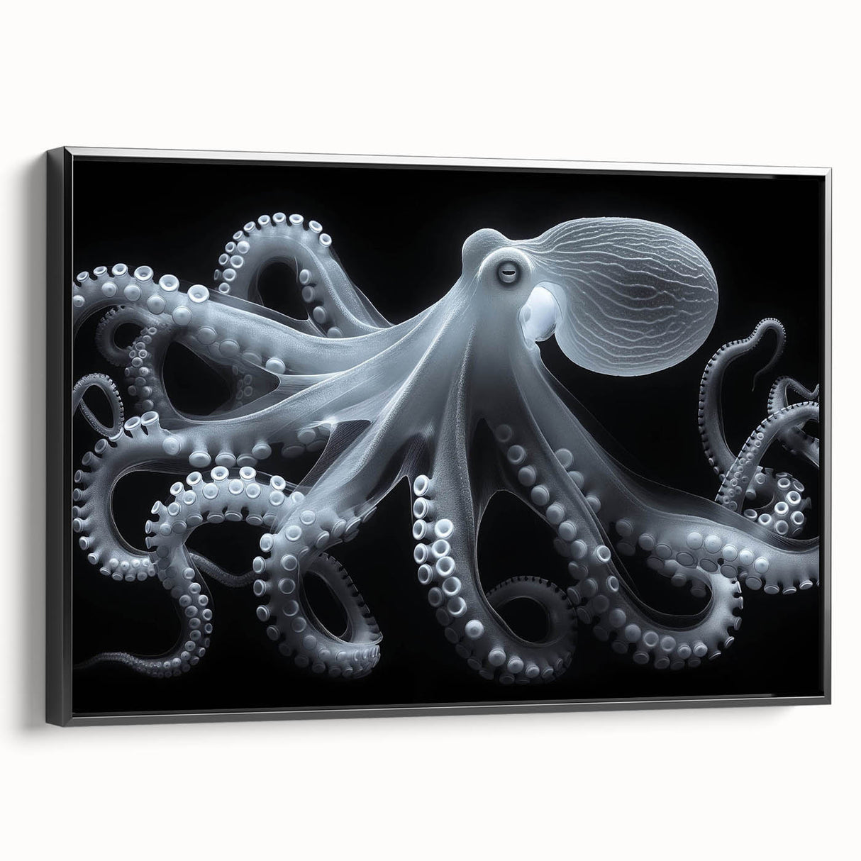 Framed canvas wall art featuring a vibrant octopus design on a black background, showcasing intricate marine life details, perfect for ocean-themed decor.