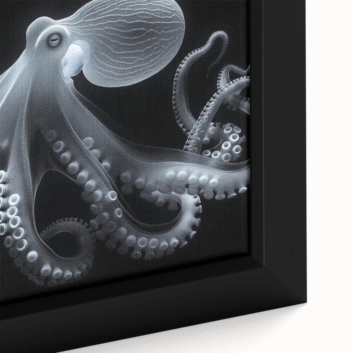 Close-up of a framed canvas wall art featuring a vibrant octopus design in shades of blue and orange, showcasing intricate marine life details ideal for ocean-themed decor.