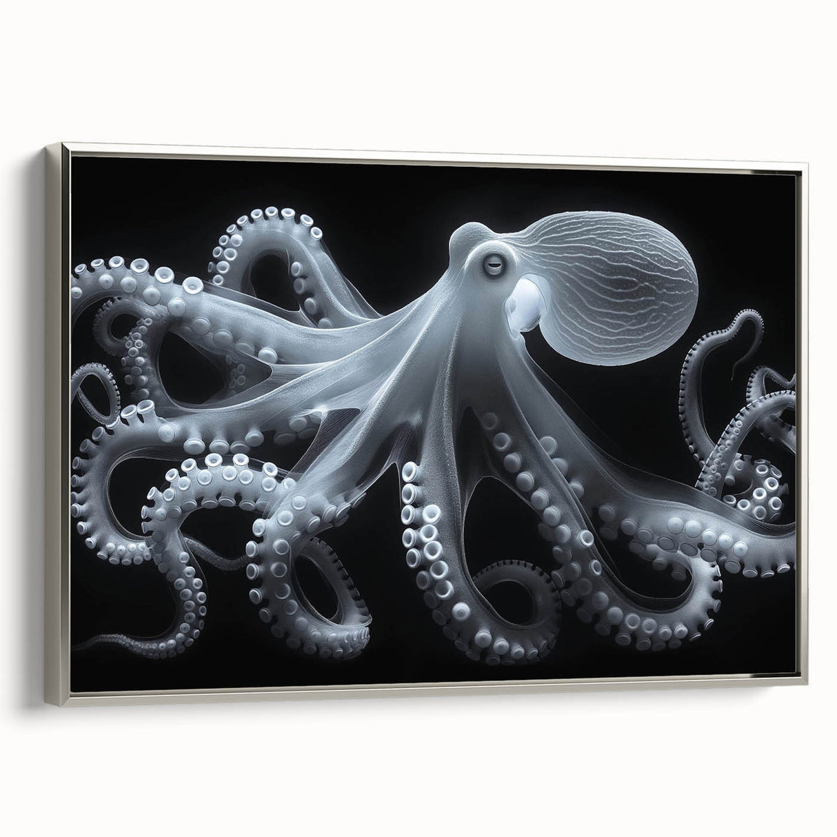 Framed canvas wall art featuring a vibrant octopus design in shades of blue and silver, showcasing marine life in a modern, stylish setting. Perfect for ocean-themed decor.