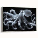 Framed canvas wall art featuring a vibrant octopus design in shades of blue and silver, showcasing marine life in a modern, stylish setting. Perfect for ocean-themed decor.