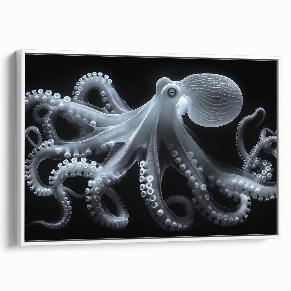 Framed canvas wall art featuring a vibrant octopus design, showcasing intricate marine life details in shades of blue and green, set against a clean white background.