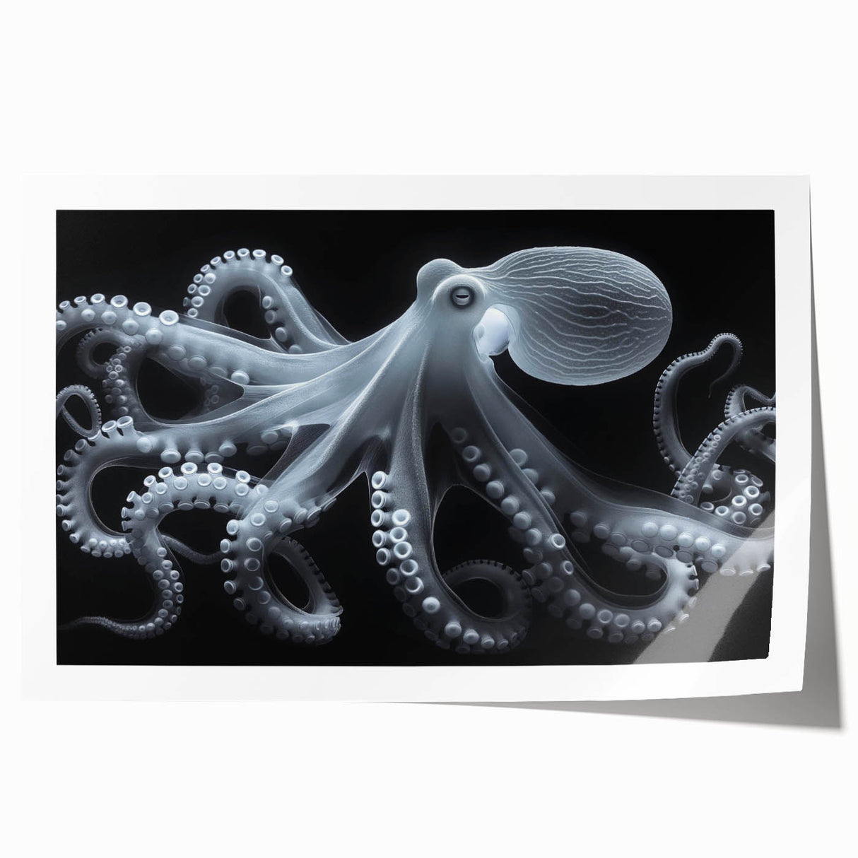 Vibrant octopus design wall art print showcasing intricate marine life details, perfect for ocean-themed decor, rolled and ready for framing or display.