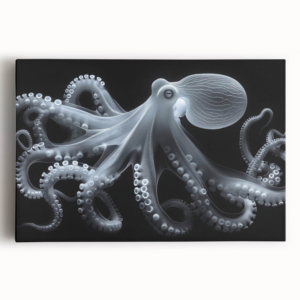 Stretched canvas wall art featuring a vibrant octopus design in shades of blue and orange, perfect for marine life enthusiasts, ideal for home decor.