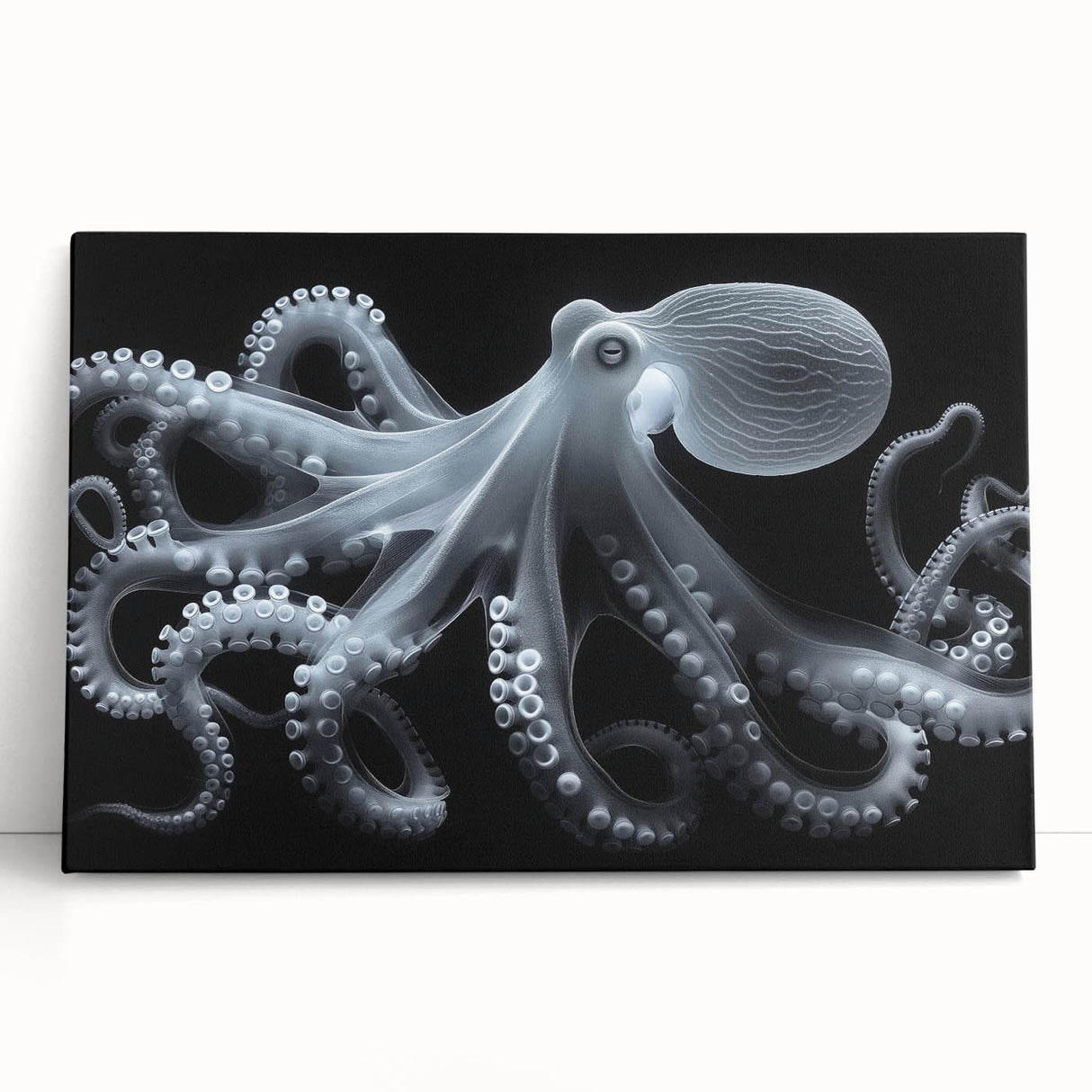 Vibrant stretched canvas wall art featuring a detailed octopus design, showcasing a blend of blues and greens, perfect for marine life enthusiasts and coastal decor.