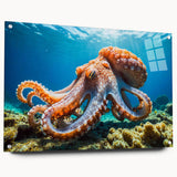 Colorful octopus wall art design displayed in acrylic glass, showcasing intricate marine life details and vibrant hues, ideal for ocean-themed décor.