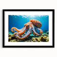 Black-framed wall art featuring a vibrant octopus design, part of a marine life collection, showcasing intricate details and bold colors on a white background.