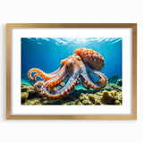 Framed wall art showcasing a vibrant octopus design in gold matting, ideal for marine life enthusiasts. The artwork combines bold colors and intricate details, perfect for enhancing any coastal-themed decor.
