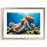 Framed wall art featuring a vibrant octopus design in marine life theme, set in a sleek silver frame with a white mat, showcasing intricate details and colors.