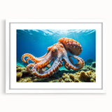 Framed wall art featuring a vibrant octopus design, highlighting intricate marine life details against a white mat background, perfect for ocean-themed decor.