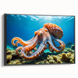 Framed wall art featuring a vibrant octopus design on canvas, showcasing intricate marine life details in shades of blue and orange, set against a sleek black frame.