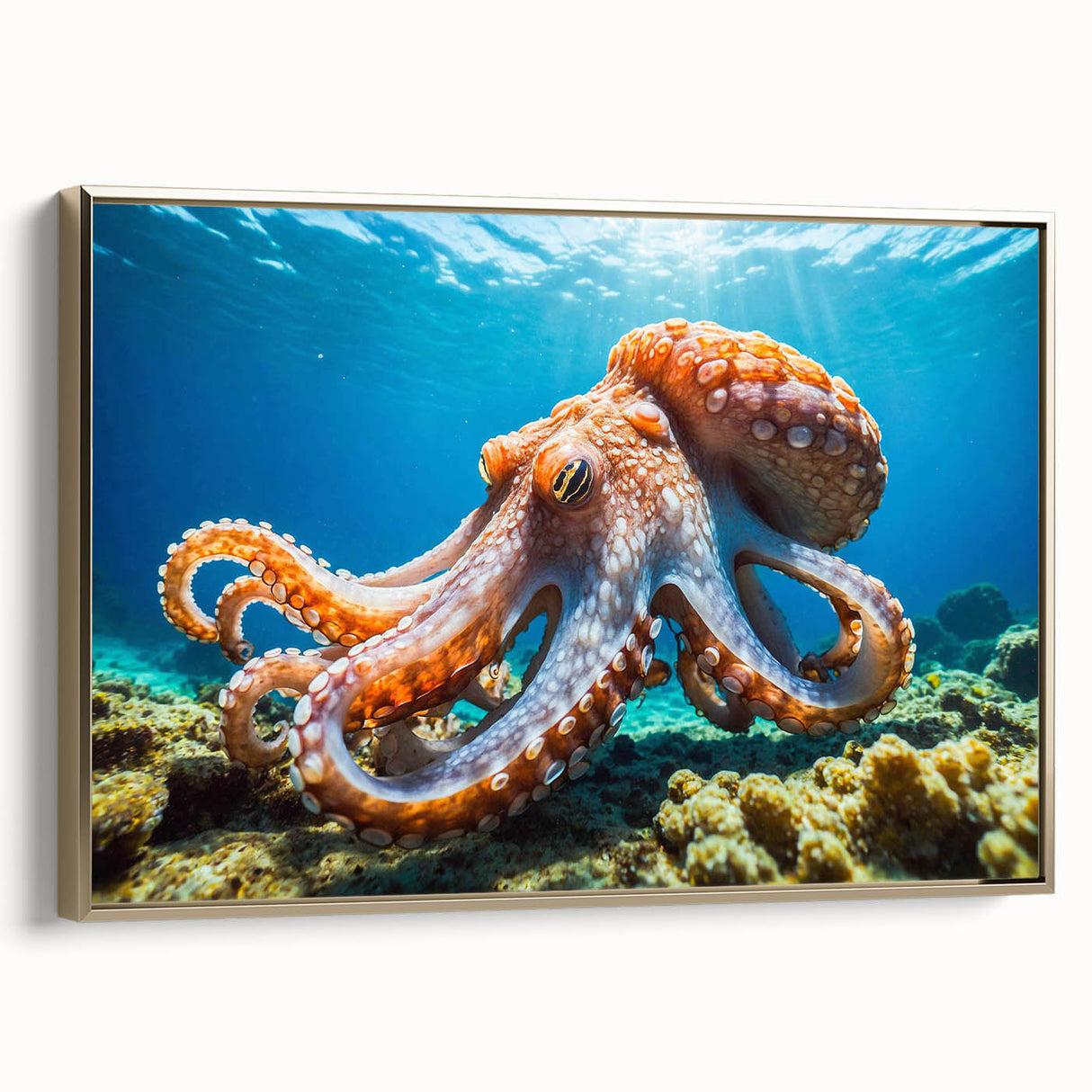 Framed canvas wall art showcasing a vibrant octopus design with intricate marine life details, featuring a gold frame that adds elegance to any decor.