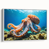 Framed wall art featuring a vibrant octopus design on canvas, showcasing intricate marine life details, set against a white background for a modern touch.