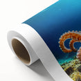 Vibrant rolled canvas artwork depicting a detailed octopus design, showcasing intricate tentacles and marine life, perfect for ocean-themed decor and artistic expression.