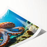 Vibrant octopus wall art print showcasing intricate marine life design, featuring dynamic colors and fluid shapes, rolled for easy display and shipping.