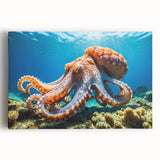 Vibrant octopus wall art design printed on stretched canvas, showcasing intricate details and bold colors, perfect for marine-themed decor in living spaces.