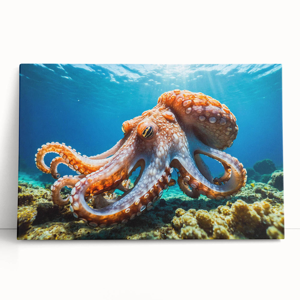 Vibrant octopus design stretched canvas wall art, showcasing intricate marine life details in blue and orange hues, perfect for ocean-themed decor.