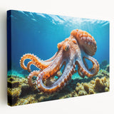 Vibrant octopus design on stretched canvas wall art, showcasing intricate details and vivid colors, perfect for marine life enthusiasts and home decor.