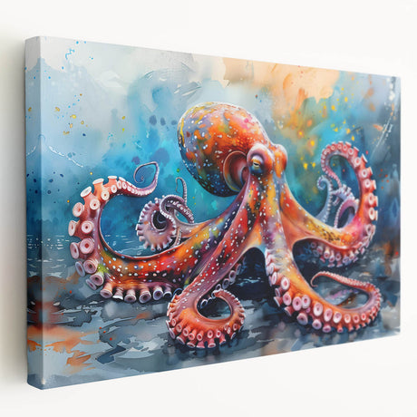 Vibrant stretched canvas wall art showcasing a detailed octopus design in a marine life theme, featuring bold colors and intricate textures, ideal for ocean lovers.