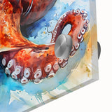 Vibrant close-up of an octopus design on acrylic glass wall art, showcasing intricate marine life details and vivid colors, perfect for ocean-themed decor.