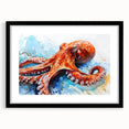 Black-framed wall art featuring a vibrant octopus design, showcasing intricate marine life details, perfect for ocean-themed home decor. Ideal for art enthusiasts.