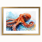 Elegant gold-framed wall art featuring a vibrant octopus design, perfect for marine life enthusiasts. The piece includes a mat for added depth, enhancing any interior decor.