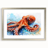 Elegant silver-framed wall art featuring a vibrant octopus design, perfect for marine life enthusiasts, showcasing intricate details and vivid colors.